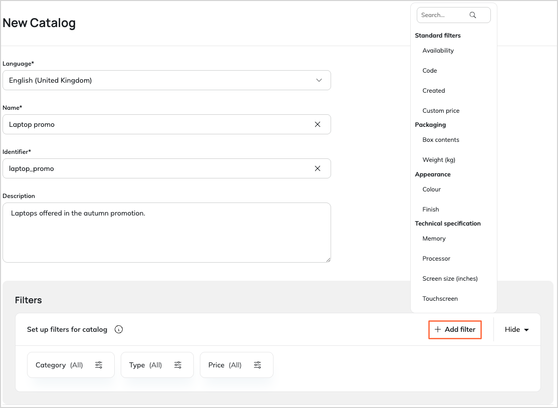 List of filters for selecting products for a catalog